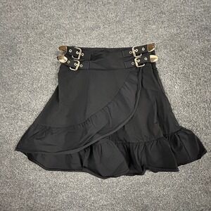 Nikkie Wrap Skirt Womens Size 36 Black Buckle Detail Ruffle Hem Mini Skirt